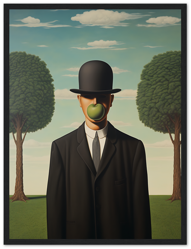Painting of a man in a suit with an apple covering his face and a landscape background.