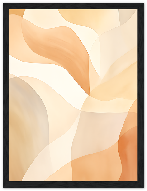 Abstract art with fluid shapes in warm tones framed in black.