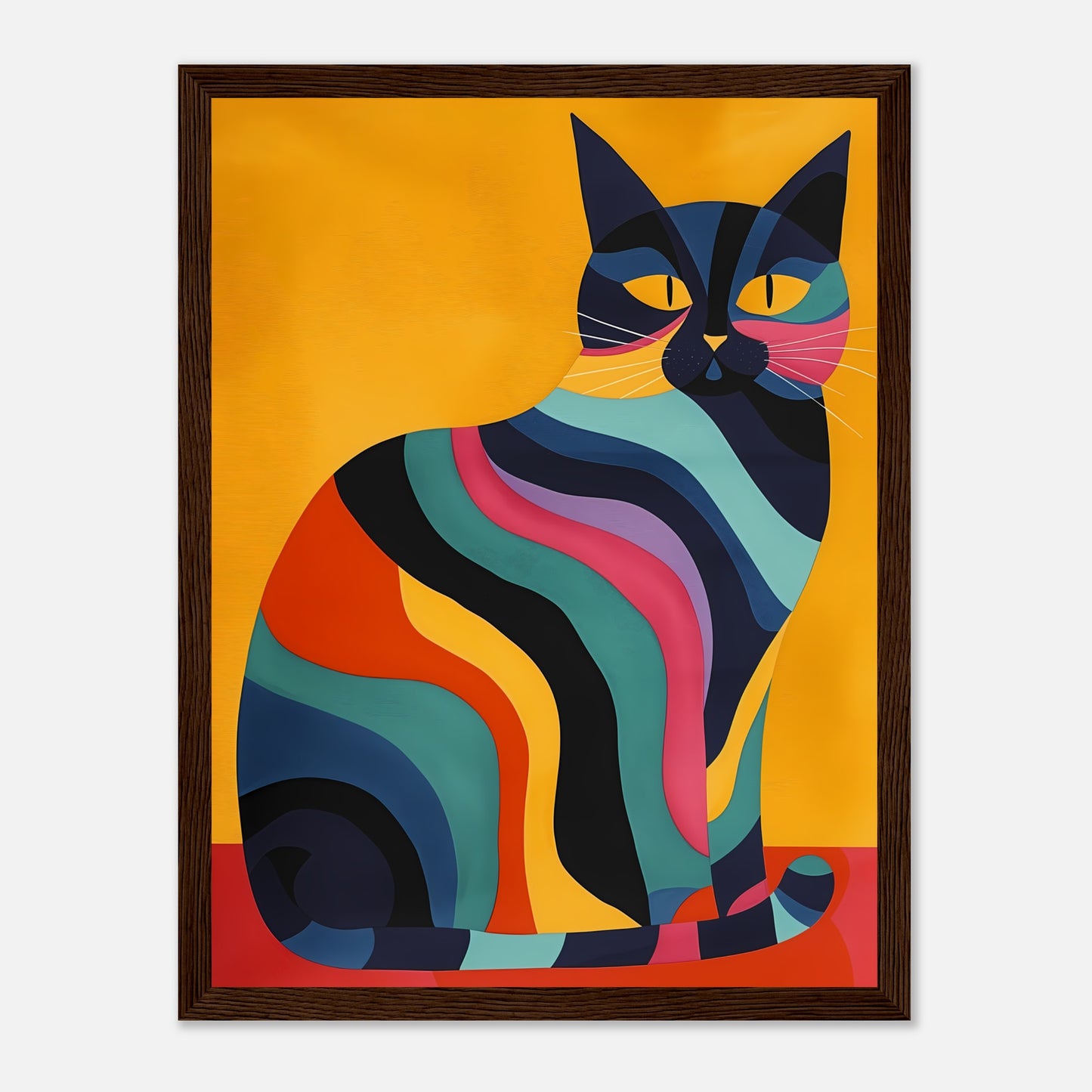 Colorful, abstract art of a striped cat against an orange background, in a wooden frame.