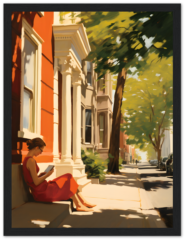 A painting of a person reading on a sunlit city sidewalk.