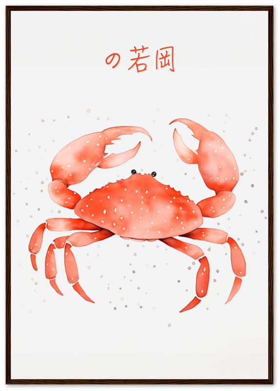 Watercolor painting of a red crab in a wooden frame with Japanese text above it.