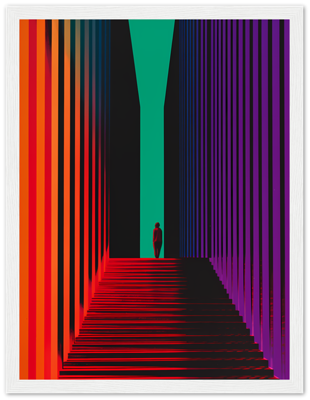 A person standing at the end of a colorful striped hallway with a central perspective.