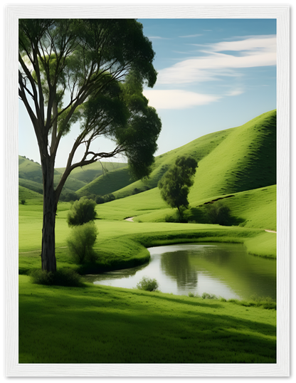 Idyllic landscape with lush green hills, a tree, and a reflective pond.