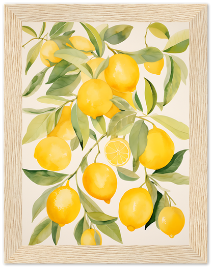 A framed watercolor painting of vibrant yellow lemons amidst green leaves.