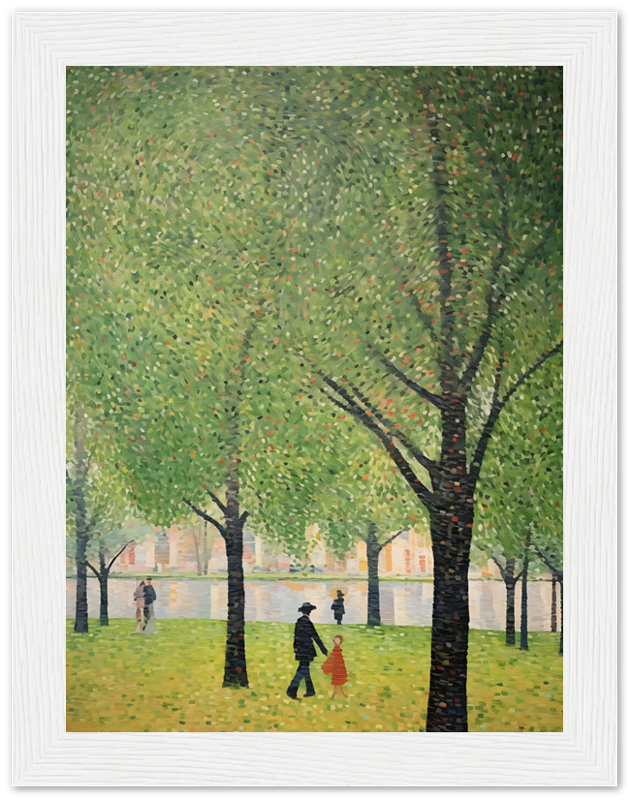 Impressionist painting of people strolling through a tree-lined park.