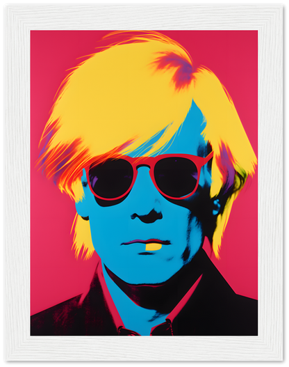 Pop art style portrait of a person with bright yellow hair and blue skin, wearing red sunglasses.