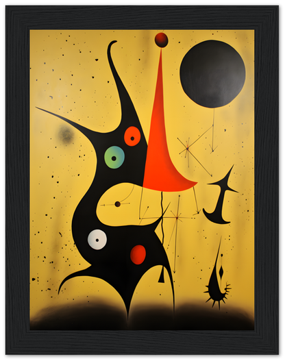 Abstract painting with whimsical shapes and vibrant colors on a dark background, framed in black.