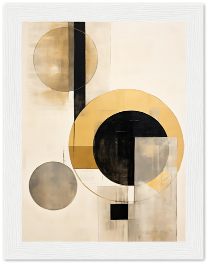 Abstract geometric painting with circles and rectangles in black, white, and gold tones.
