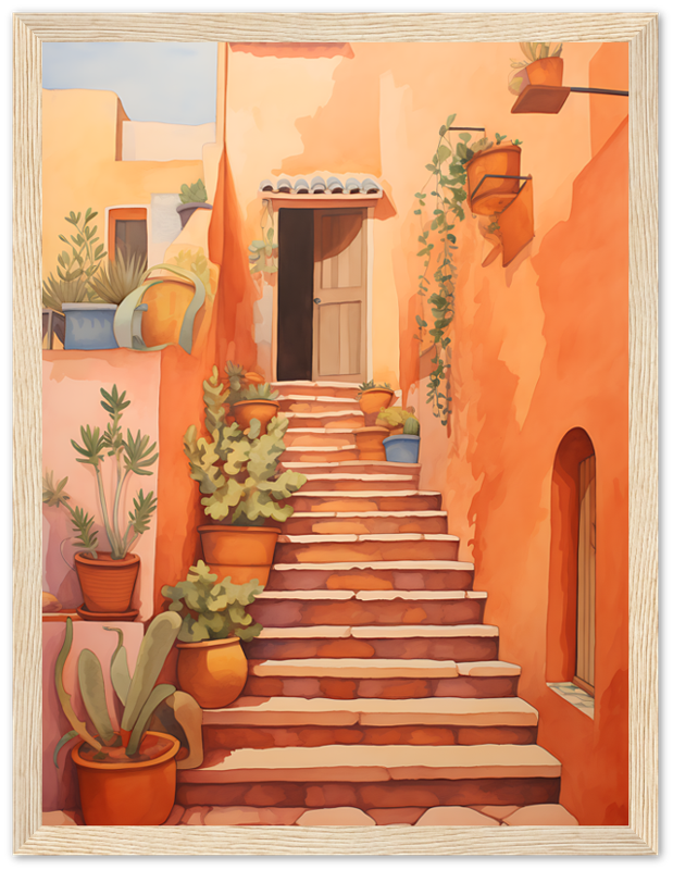 A warm-toned painting of a staircase with plants leading to a door between buildings.