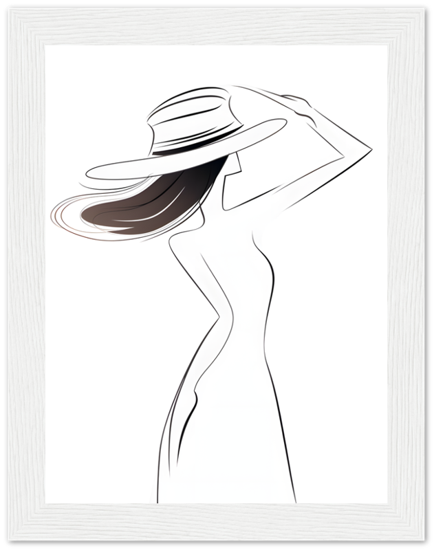 Stylized illustration of a woman in a white dress and wide-brimmed hat.