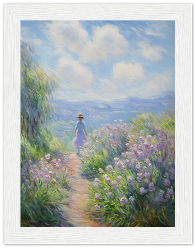Impressionist-style painting of a person walking down a flower-lined path with a scenic view.