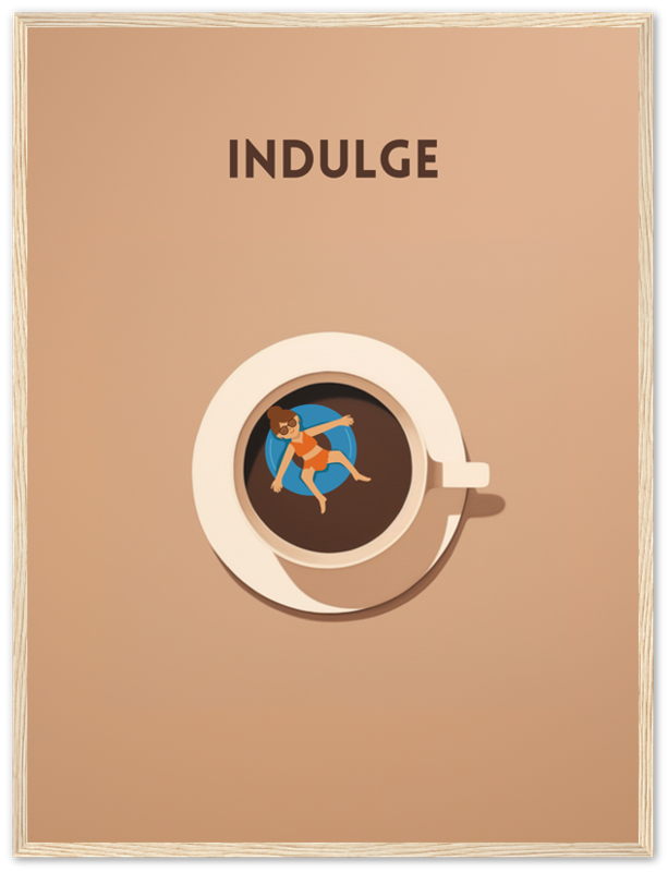A poster featuring an illustrated superhero inside a coffee cup with the word "INDULGE" above.