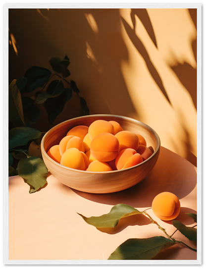 A bowl of apricots in sunlight with leafy shadows on a pink surface.