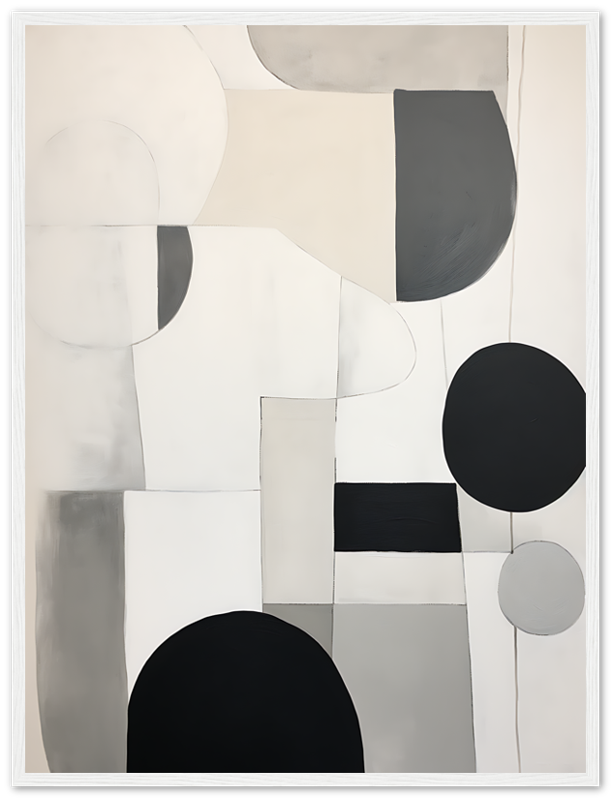 Abstract painting with geometric shapes in neutral tones within a white frame.
