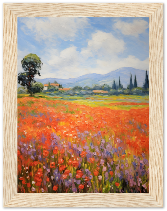 Oil painting of a vibrant field with red flowers and a scenic mountain backdrop, framed.