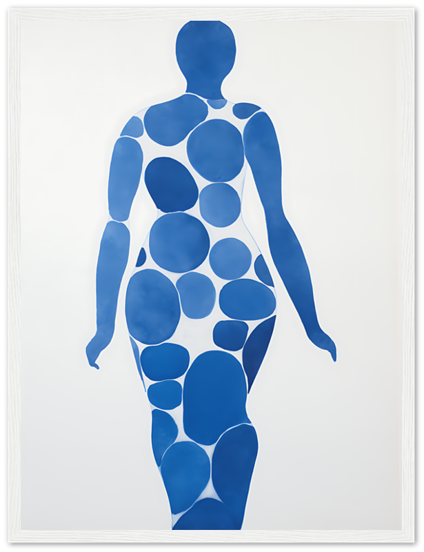 A stylized silhouette of a human figure composed of various sizes of blue circles against a white background.