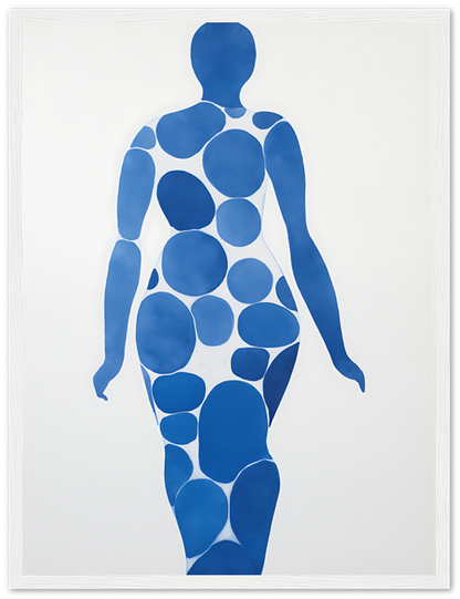 A stylized silhouette of a human figure composed of various sizes of blue circles against a white background.