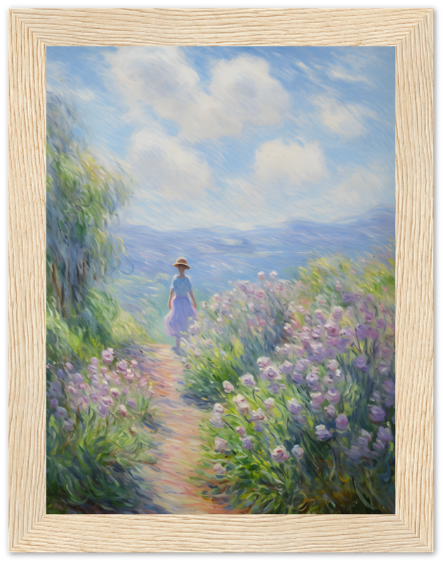 A framed impressionist-style painting of a person in a hat walking down a flowery path.