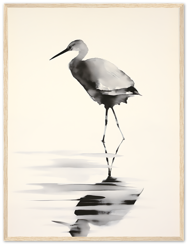 A framed ink painting of a stilted bird wading in water with reflections.