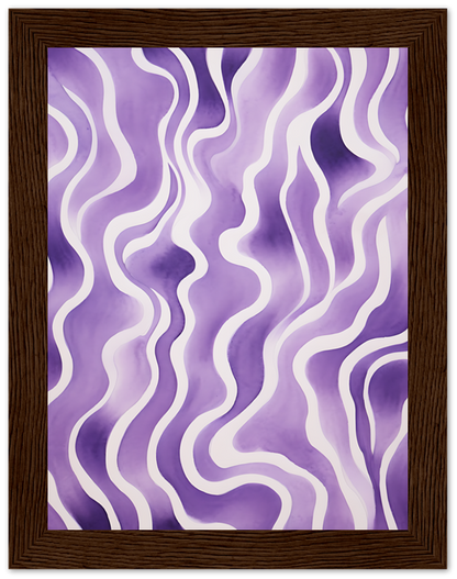 An abstract painting with purple wavy lines in a wooden frame.