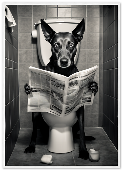 A dog with human hands sitting on a toilet reading a newspaper.