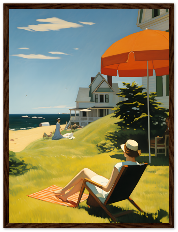 A serene beach scene with a person beneath an orange umbrella, houses nearby, and someone walking along the shore.