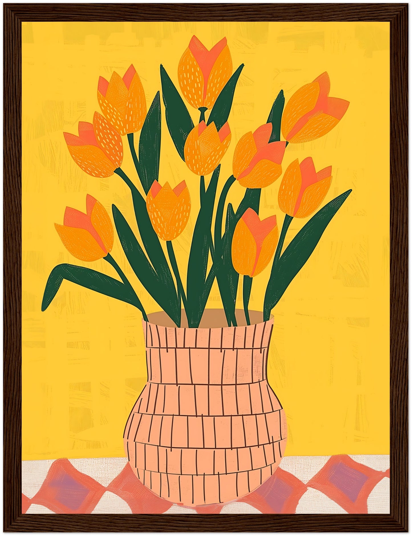 A colorful illustration of a vase with orange tulips on a yellow background.