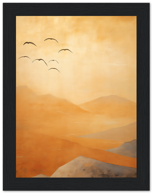 Abstract landscape painting with birds flying over orange-toned hills, framed in black.