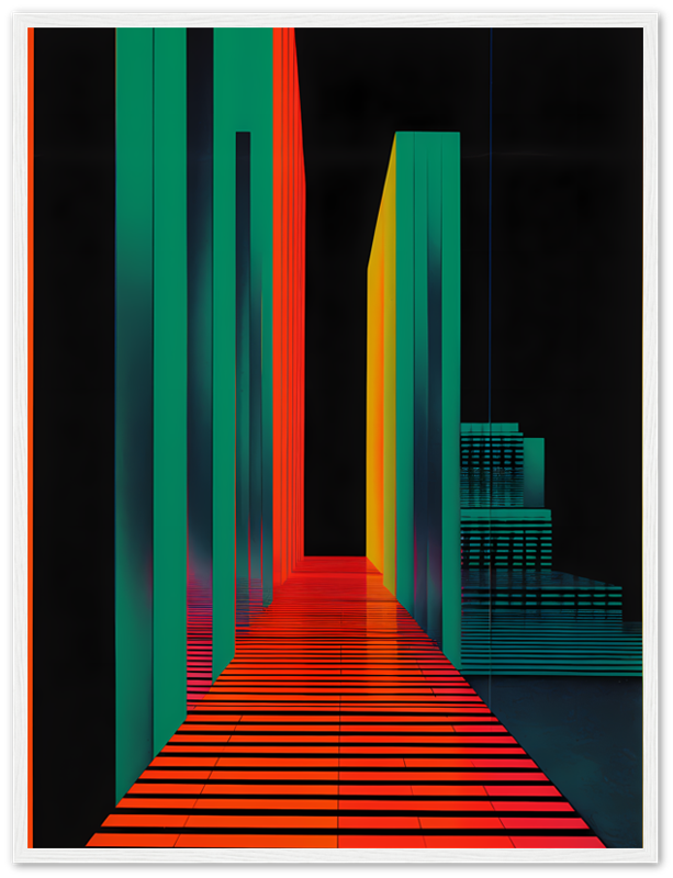 Abstract digital artwork featuring colorful geometric shapes forming a corridor perspective.