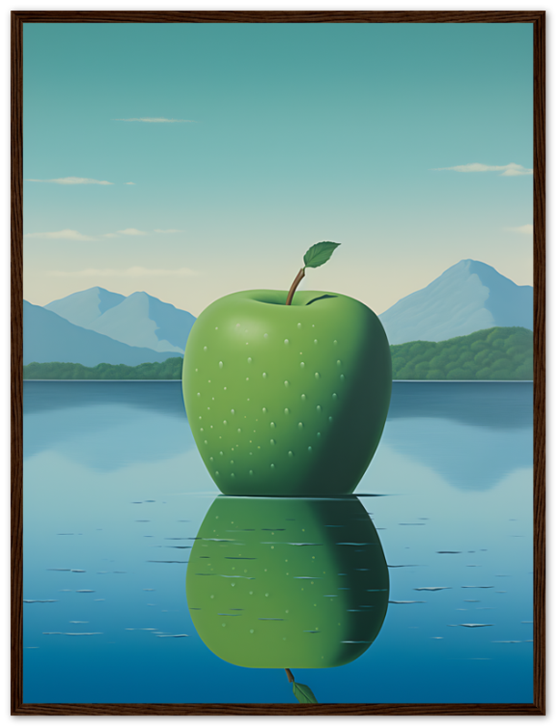 Painting of a large green apple in a wooden frame with a mountainous landscape and lake in the background.