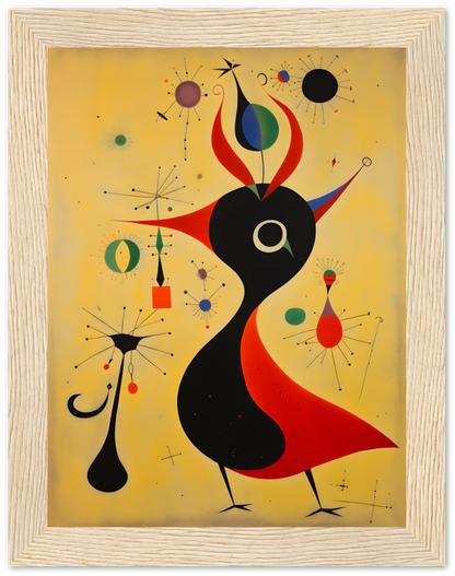 Abstract painting featuring a whimsical black figure surrounded by colorful celestial shapes.