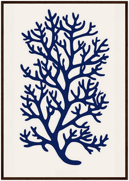 Blue coral silhouette in a white background with a wooden frame.