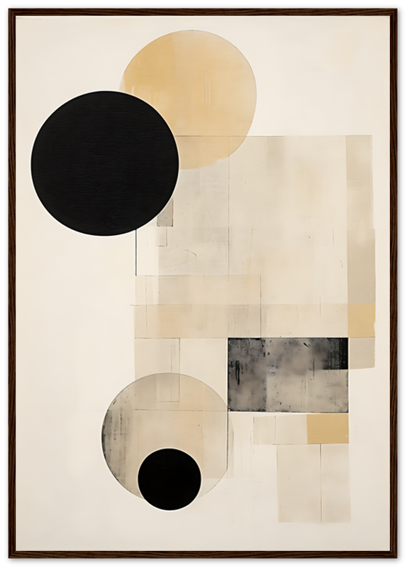 Abstract art with overlapping geometric shapes and neutral tones against a cream background, framed in brown.