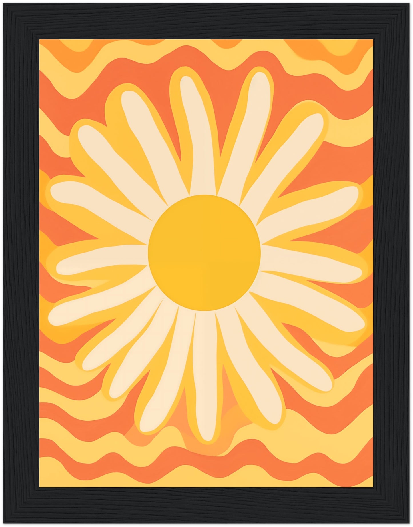 Abstract framed artwork of a sunflower against a wavy orange backdrop.