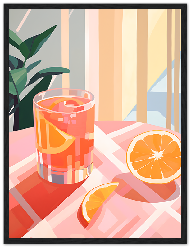 A stylized illustration of a glass of iced drink with orange slices and cut oranges on a table.