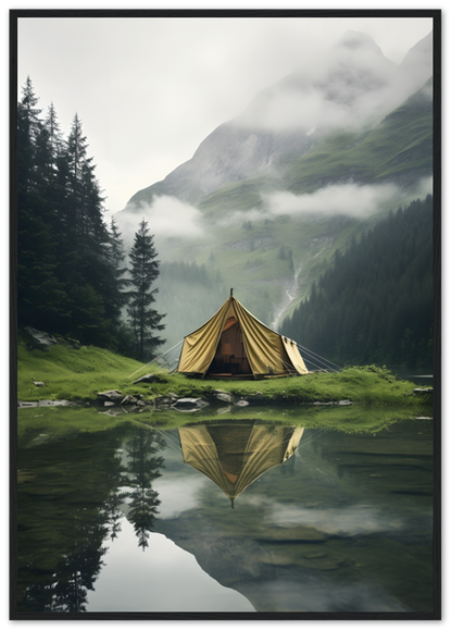 A serene campsite with a tent by a mountain lake, reflected in the water, framed by trees.