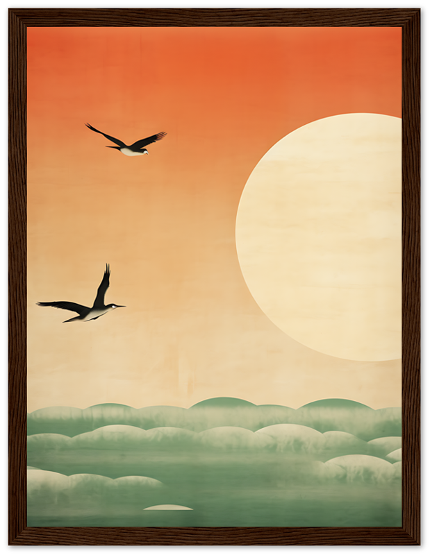 A framed artwork of a sunset with two birds flying and hilly silhouettes below.