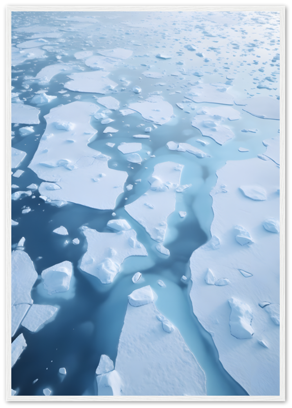 Framed aerial view of a fragmented ice sheet on blue water.