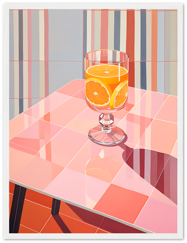 A glass of orange juice with slices of orange on a pink and white checkered table with striped background.