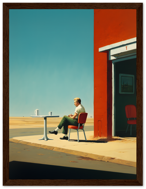 A man sitting alone at a table outside a building with a vibrant red pillar and clear blue sky.