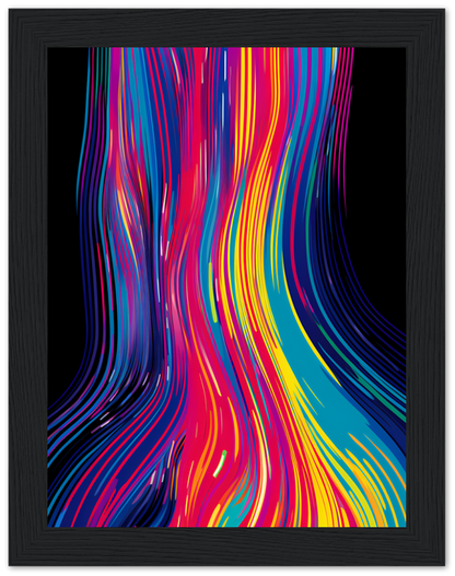 Colorful abstract wavy lines artwork in a black frame.
