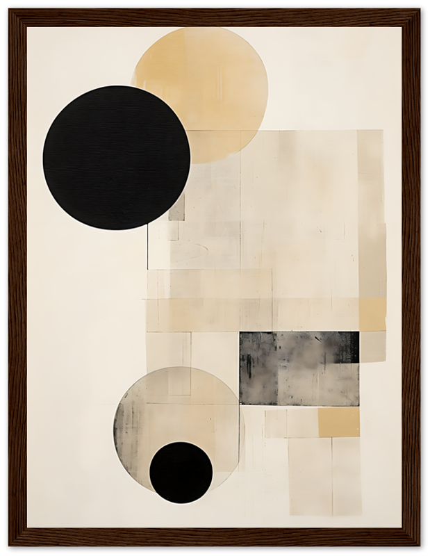 Abstract geometric painting with circles and rectangles in muted tones, framed.
