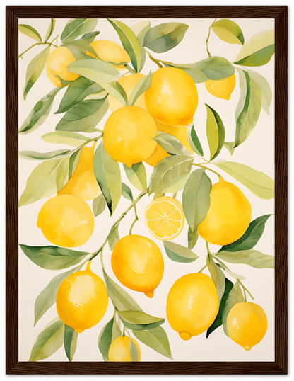 Illustration of bright yellow lemons with green leaves on branches, framed by wood.