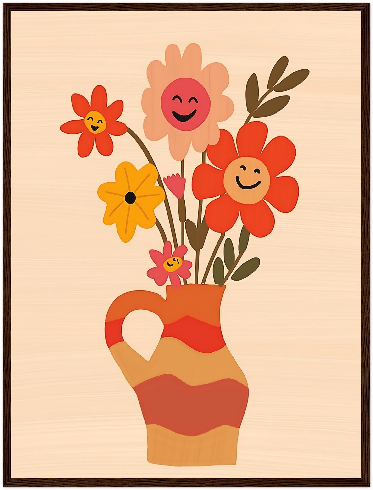A framed illustration of a vase with smiling cartoon flowers.
