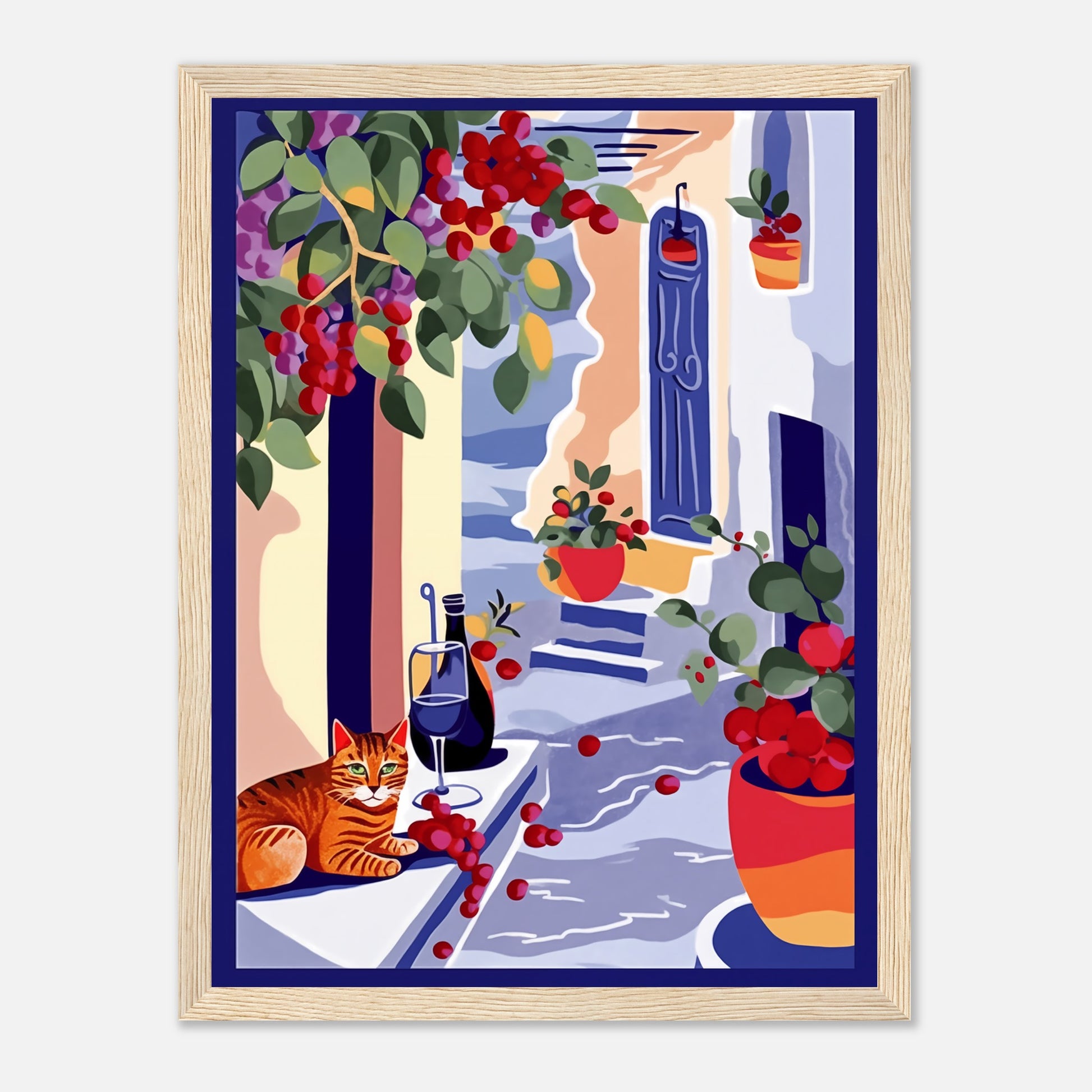 Illustration of a cat sitting on a windowsill with plants and a glass of wine.
