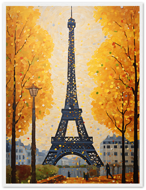Impressionist painting of the Eiffel Tower with autumn trees.