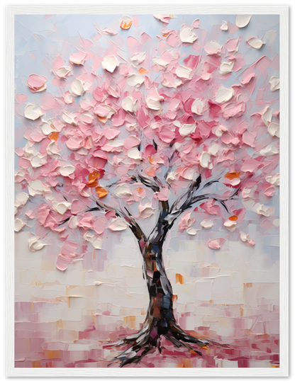 A textured painting of a blossoming tree with pink leaves in a frame.