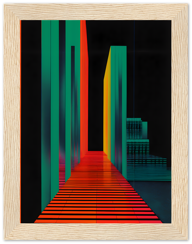 Colorful abstract artwork depicting geometric shapes resembling a pathway or corridor, framed in wood.
