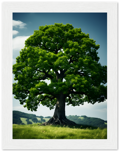 An imposing oak tree with lush green leaves in a framed artwork.