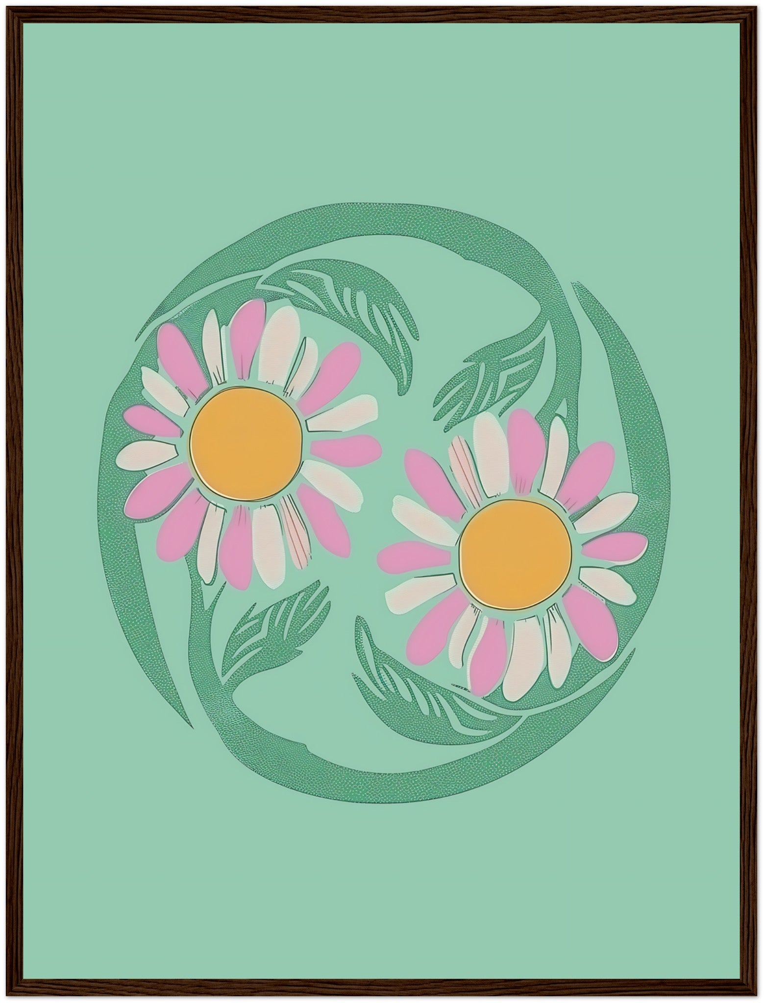 Stylized illustration of two daisies encircled by a green vine on a teal background with a brown frame.